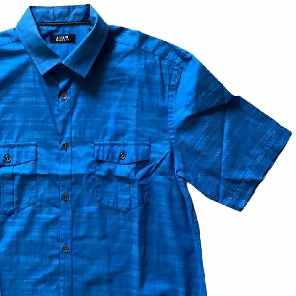NWOT Alfani Regular Fit Blue Short Sleeve Button Down M Shirt Casual